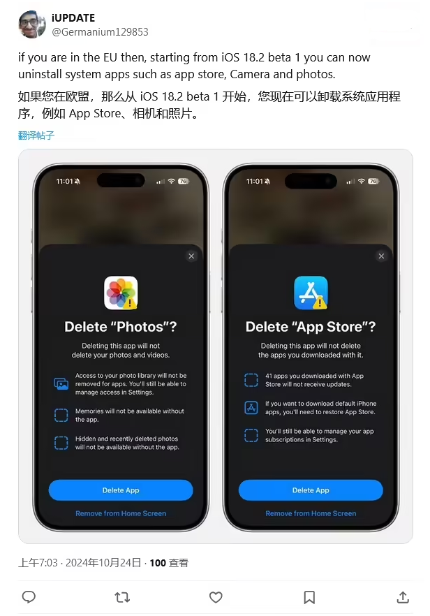 桐柏苹果手机维修分享iOS 18.2 支持删除 App Store 应用商店 